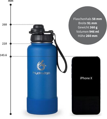 Термофляга Hydro2Go Edelstahl 950 мл з соломинкою, синя - ізольована, BPA-free, не протікає, для спорту та активного відпочинку