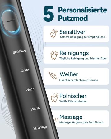 Електрична звукова зубна щітка для дорослих - відбілювання, ультразвукова, з кейсом для подорожей та зарядною станцією, 8 насадок, 5 режимів чищення (Чорна)