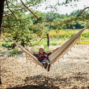 Bellzacasa Large Brazilian Hammock, Fabric Camping Hammock with Portable Bags Ropes for Hanging from Trees Soft Striped Canvas Cotton (Beige)