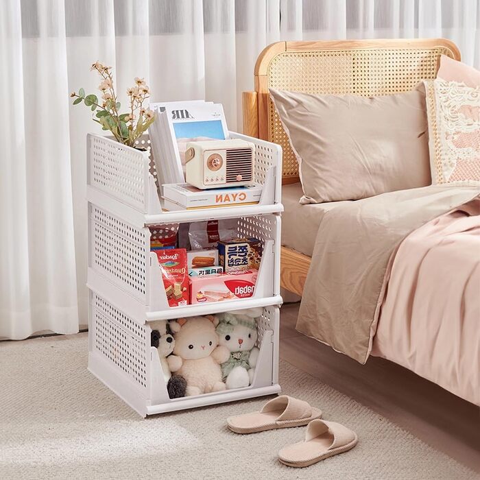 5 Foldable Plastic Storage Boxes, Drawer Box, Stackable Closet Organizer, Shelf Storage Box, Shelf Baskets Closet, Stackable Drawer Storage Boxes, for Kitchen Bedroom, White (5 Pcs XL)