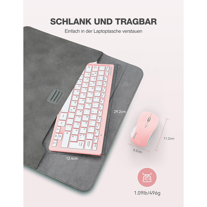 TECKNET Бездротова Клавіатура та Миша, QWERTZ, 2.4 GHz, 15м, Безшумна, для ПК, Ноутбука, Smart TV, Біла (Рожева)
