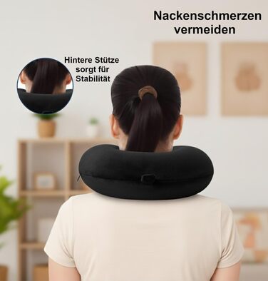 Подушка для шиї Essentials з піною з пам'яті (100%) - U-подібна, з м'яким велюровим чохлом - для подорожей, авто, літака, офісу та дому (Чорна)