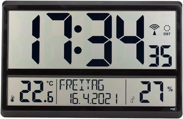 TFA Dostmann XL Wall Clock digital, 60.4520.01, with temperature and humidity, weekday (8 languages), radio-controlled clock, easy to read, large, (Black with batteries)