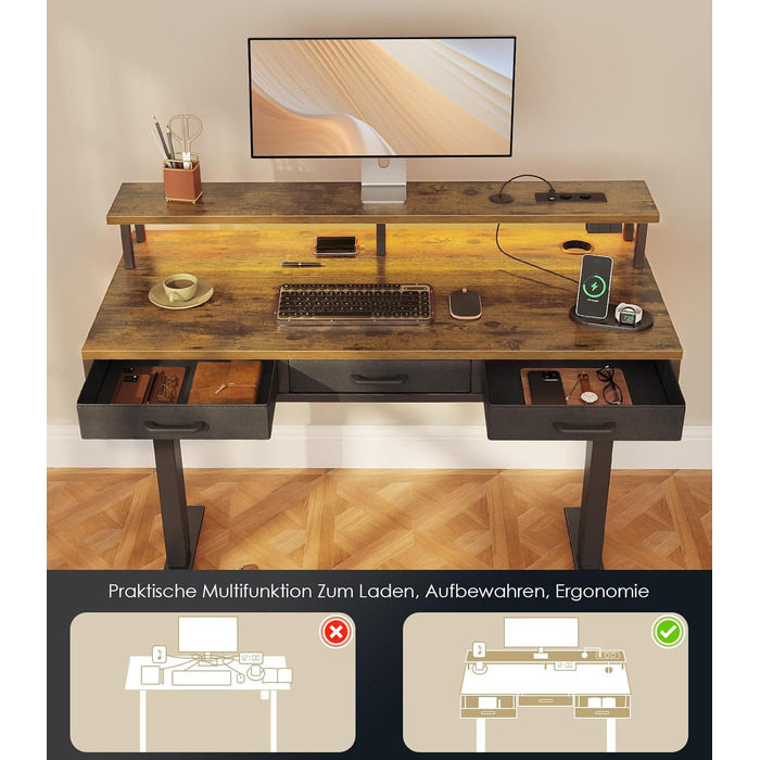 OffiGo Electric Standing Desk with Drawers, 120cm Adjustable Height Desk with Monitor Stand, Gaming Desk with Power Outlets & LED Light Bar, Brown Office Desk - 120 x 54cm