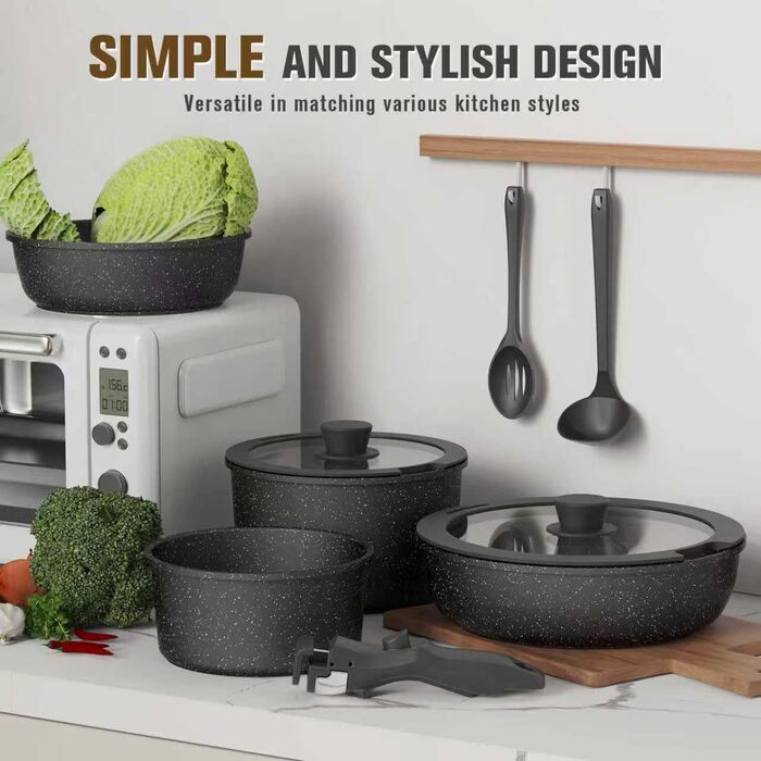 Набір посуду PureGlow Granit Antihaft з знімними ручками (10 предметів) – сковорода, каструлі з кришками, індукційний, для плити, духовки, чорний