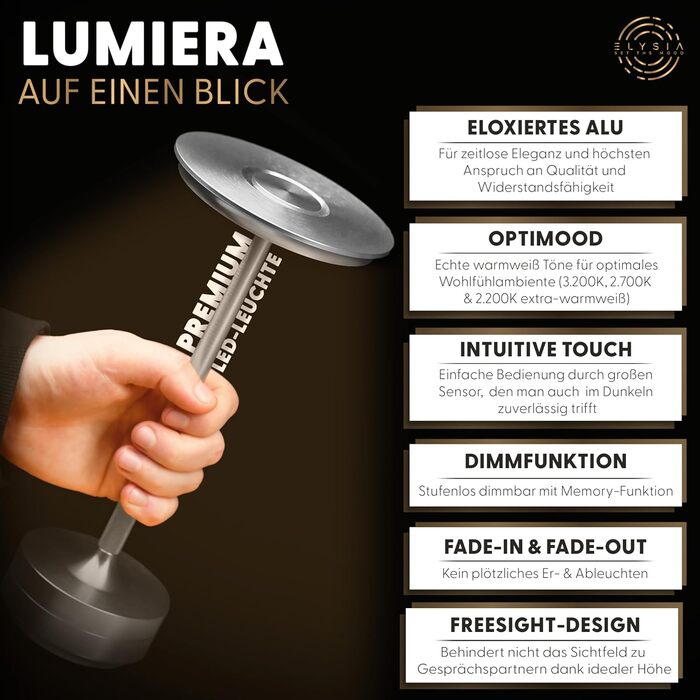 Світлодіодна настільна лампа ELYSIA з акумулятором, димується, бездротова, сенсорна, для дому та вулиці (IP54), тепле світло (2200K-2700K-3200K), USB-C, алюмінієва (срібна)