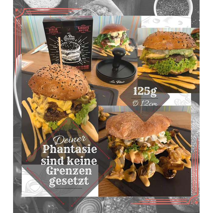 Пресс для бургерів Le Flair® з алюмінію: преміум-якість, з чохлом та 50 аркушами паперу для випікання. Ідеальний подарунок для гриля. Чорний колір.