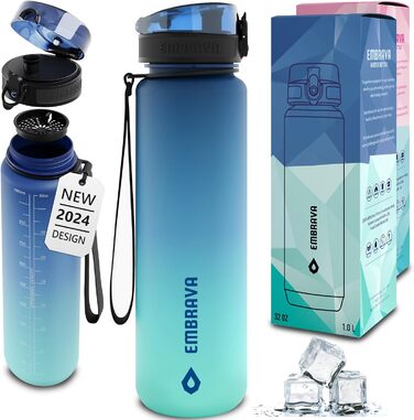 Embrava Best Sports Bottle - 1000ml - fast-flowing, flip-top leak-proof lid that opens with a click - non-toxic, BPA-free & eco-friendly Copolyester-Tritan plastic (Aqua Fusion)