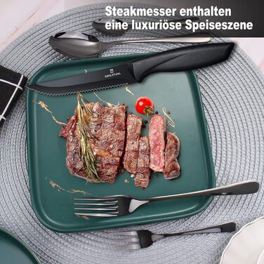 Набір столових приборів на 6 осіб Targzier 36 предметів: ложки, виделки, ножі для стейку. Якісний набір столових приборів з нержавіючої сталі, чорний колір, для сім'ї, вечірки, готелю, придатний для миття в посудомийній машині.