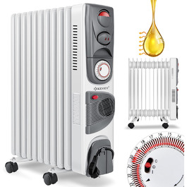 Електричний масляний радіатор KESSER® 2500W з вентилятором, 11 ребер, білий. Масляний обігрівач з таймером, регулюванням температури та захистом від перегріву.