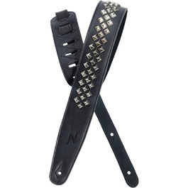 Гітарний ремінь Nefelibata з повном'якої шкіри, з м'якою підкладкою, з срібними заклепками, для електро-, акустичної та бас-гітари (2,5' шириною, карбоновий чорний) (Квадратні діаманти)