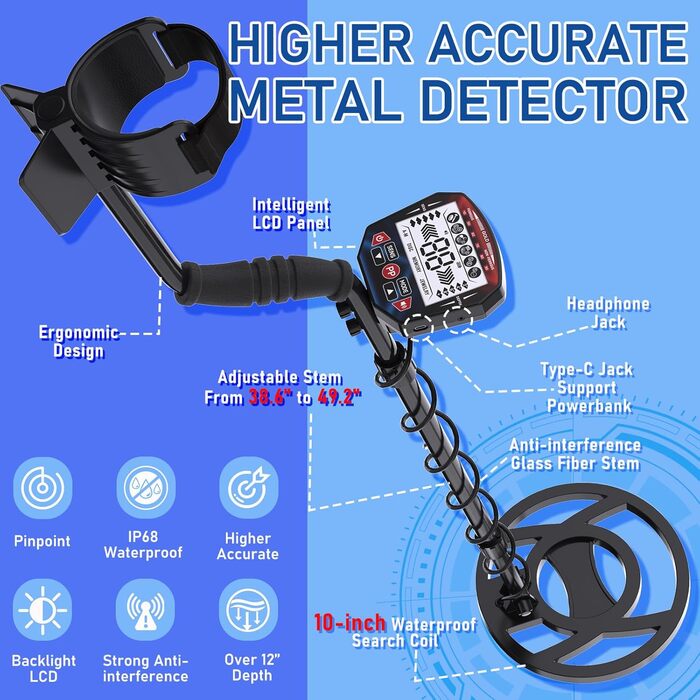 Металодетектор Pro Set: 5 режимів, для дорослих та дітей, водонепроникний IP68, з навушниками та лопаткою