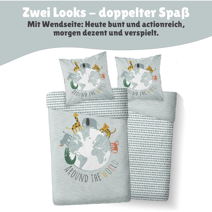 Комплект постільної білизни для ліжечка Kinderbettwäsche: 2-Piece Set з тваринами та глобусом - ковдра 135x200 + подушка 80x80 см, закривається на блискавку. Підходить для хлопчиків та дівчаток. 100% бавовна, ренфорсе, приємна до шкіри, сертифікат Oeko-Te