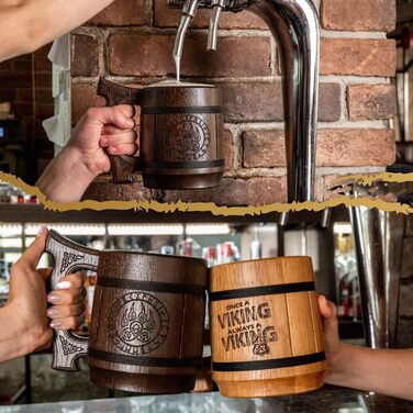 Діжка Wikinger 0.6 л з дуба - середньовічна діжка для пива, кружка, кубок з гравіюванням Молота Тора, рунами. Ідеальний подарунок для чоловіків, дерев'яний кубок з рунами, подарунок на День Святого Валентина