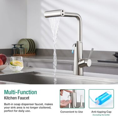 Змішувач для кухні CREA Wasserfall з висувною лійкою, нержавіюча сталь, з дозатором мила, поворотний на 360°, 4 режими струменя, водоспадний ефект