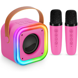 Караоке машина Spinosaurus для дітей з 2 мікрофонами, Bluetooth, LED-підсвічування, портативна колонка (рожева)