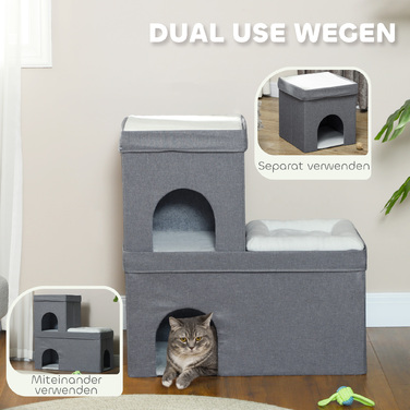 PawHut Будиночок для котів, котяча хатка, будиночок для котів з 3 рівнями, котяче ліжко з подушкою, будиночок для собак для котів до 5 кг, 74 x 37,5 x 78,5 см, Сірий | Aosom