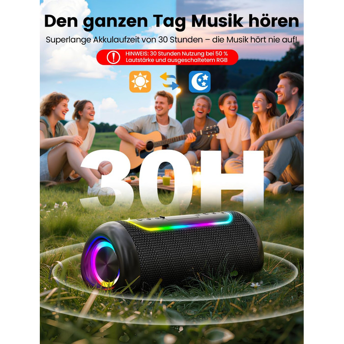 Портативна Bluetooth колонка UOHHBOE 30W з RGB підсвічуванням, TWS Stereo, 24 години роботи, IPX5 водонепроникність