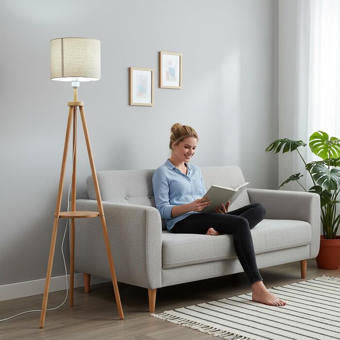 Стельова лампа для вітальні з полицею, дерев'яна LED-стійка лампа з регулюванням яскравості, тринога, 3 колірні температури, таймер на 30/60 хвилин, абажур, вимикач на корпусі для вітальні, спальні, офісу.