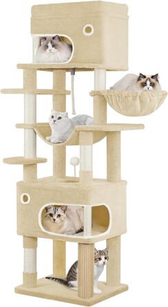 Кігтеточка для котів Hzuaneri XL (203 см) з платформою, печерами, колонами, гамаком та помпонами, бежева