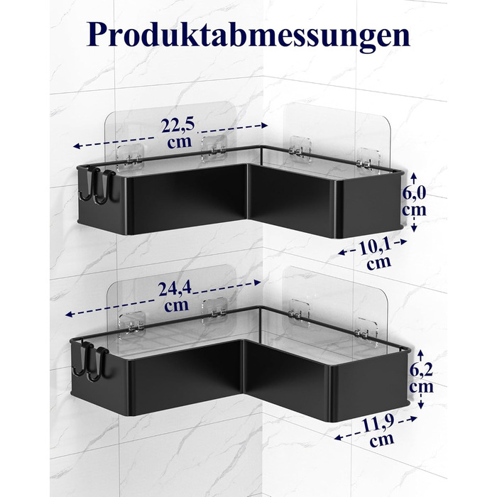 Поличка для душу Kitsure L-подібної форми без свердління - 2 шт. Міцна поличка для кута без свердління з 4 гачками та клейкими смугами, нержавіюча сталь для ванної, кухні та пральні, 24,4 x 11,9 x 6,2 см, Чорний