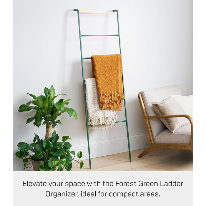 Yamazaki 2813 TOWER Leaning Clothes Rack, Steel/Wood, Minimalist, 45 x 24 x 160 cm (Green (Forest Green), Modern)