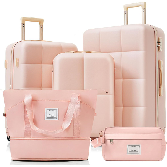 Набір валіз Merax з 5 частин (3 валізи + 2 косметички), рожево-бежевий, з колесами
