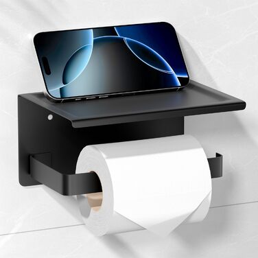 Тримач туалетного паперу HITSLAM без свердління, чорний, нержавіюча сталь з полицею, самоклеючий, для ванної кімнати