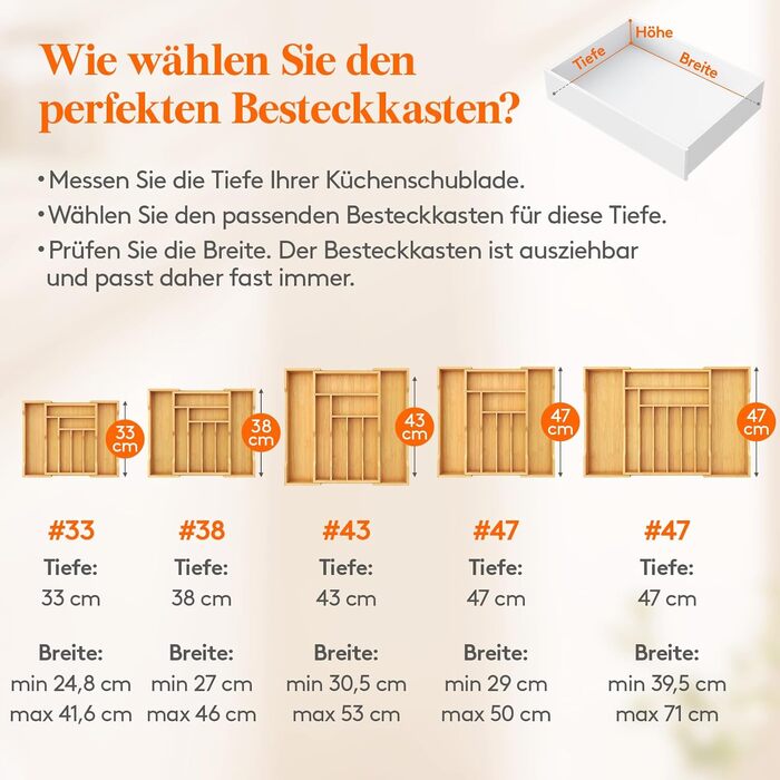 Органайзер для столових приборів Lifewit в шухляду, бамбуковий, 47 см (29-50 см)