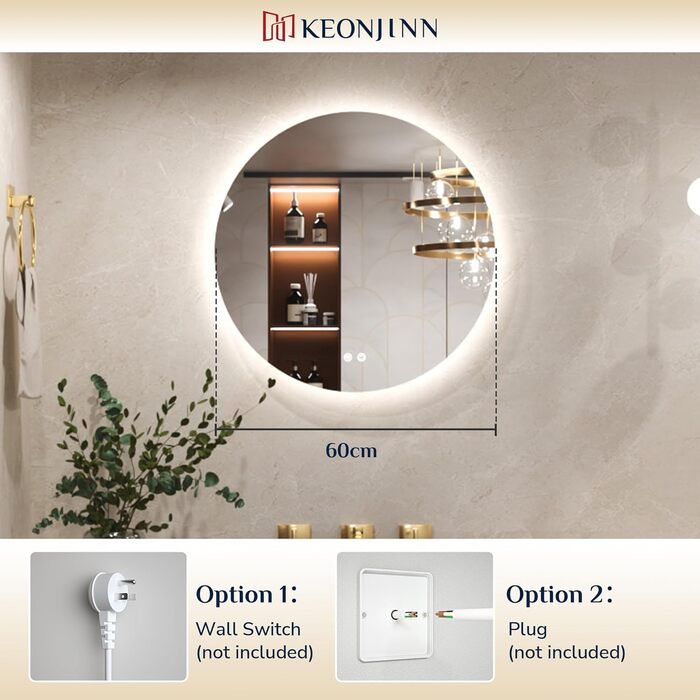 Дзеркало для ванної кімнати Keonjinn кругле, 60см з підсвічуванням, антизапар, сенсорне управління, пам'ять, 3 кольори світла, регулювання яскравості, LED, без рамки