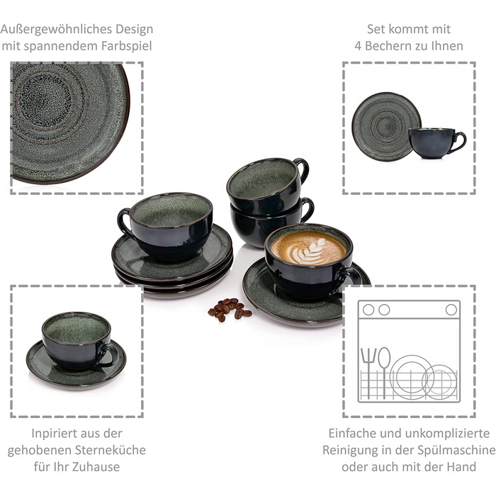 SÄNGER | Copenhagen Coffee Cup Set, 8-Piece, Coffee Service for 4 People, Dishwasher-Safe Coffee Cup and Saucer Set, Stoneware Cup & Saucer Grey with Green Interior 200 ml | PREMIUM COLLECTION Coffee Cups, 4-Piece
