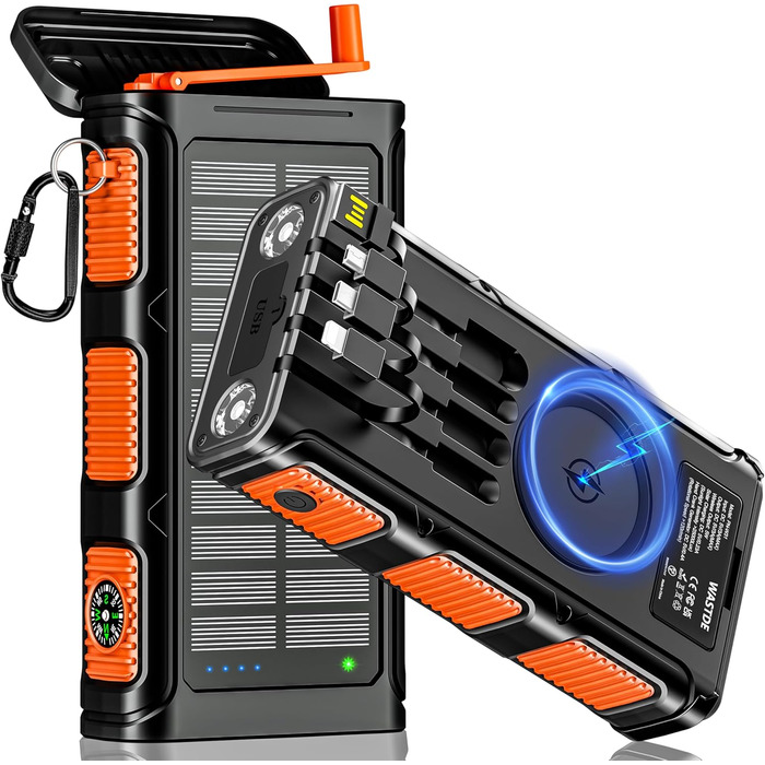 Портативний зарядний пристрій Powerbank 26800 mAh з сонячною панеллю та ручкою, 4 кабелі, USB-C, швидка зарядка, 7 виходів, 4 входи, для мобільного телефону, водонепроникний, зовнішній акумулятор для кемпінгу, оранжевий