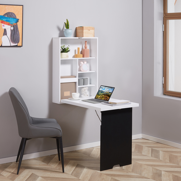 HOMCOM Wall Table Folding Desk with 5 Compartments, White and Black Board, 60x94.5x147cm, Space-Saving for Home Office