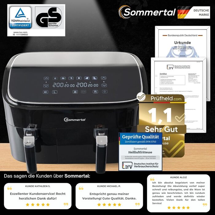 Фритюрниця повітряна Sommertal HF760-7,6L XXL з сенсорним екраном, 8 програм, 2000 Вт - енергоефективна та здорова, велика фритюрниця Air Fryer (9.0L Dual)