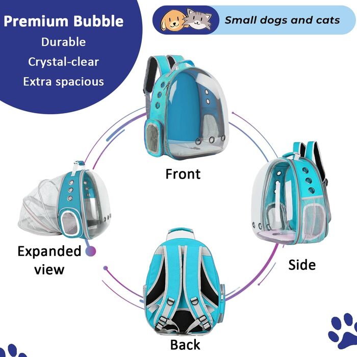 Рюкзак-переноска для котів та маленьких собак, розширюваний, з прозорим вікном та блискавкою, для подорожей та походів (розширювана спинка), блакитний