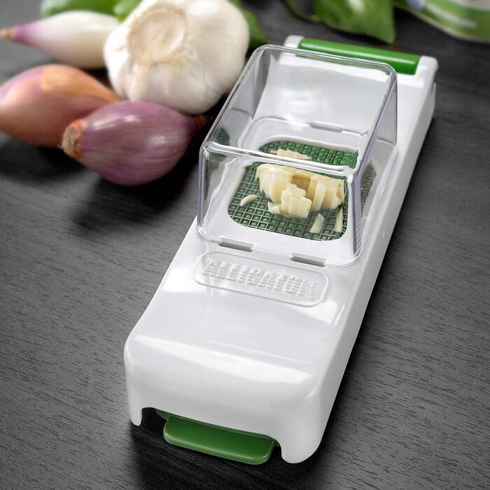 ALLIGATOR 3002 - 3-in-1 Multifunction Cutter - Vegetable, Onion, and French Fry Cutter - 3 Interchangeable Blades - 3x3 mm, 6x6 mm, 12x12 mm - BPA-free - White and Green