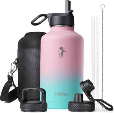 Термопляшка Coolflask 2л з соломинкою та 3 кришками, нержавіюча сталь, для спорту/офісу, герметична (Bubble Gum, 1893 мл)
