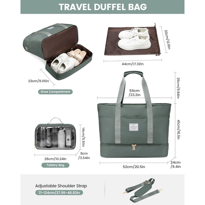 Сумка-трансформер LOVEVOOK для жінок: водонепроникна дорожня сумка, містка для подорожей, з відділенням для взуття, ідеальна для пологового будинку, ручної поклажі, сауни, спортзалу, 52L, сіра