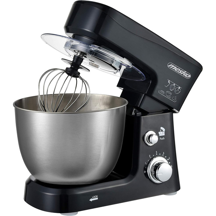 Кухонна машина Mesko MS 4217, 3,5 л, 1200 Вт, 6 швидкостей, нержавіюча сталь, міксер для тіста, вінчики, захист від бризок, сріблясто-чорна