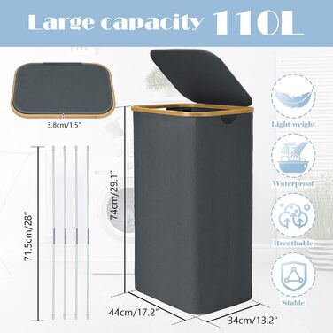 Кошик для білизни Bellzacasa з кришкою 110л, складаний, з бамбуковими ручками і знімним мішком, сірий