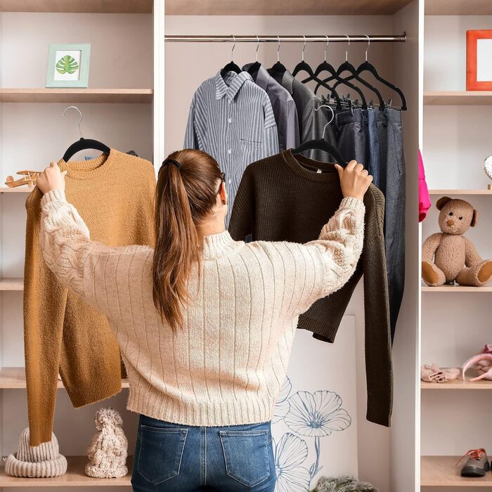 Плечики для одягу VECELO Premium з металевими кліпсами, антиковзаючі, економні, набір 20 шт. (для жінок та чоловіків)