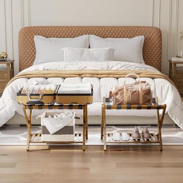 SMIBUY Luggage Rack, 2-Piece Set, Folding Bamboo Suitcase Stand with Shelf for Guest Room, Bedroom, Hotel, Heavy-Duty (Walnut)