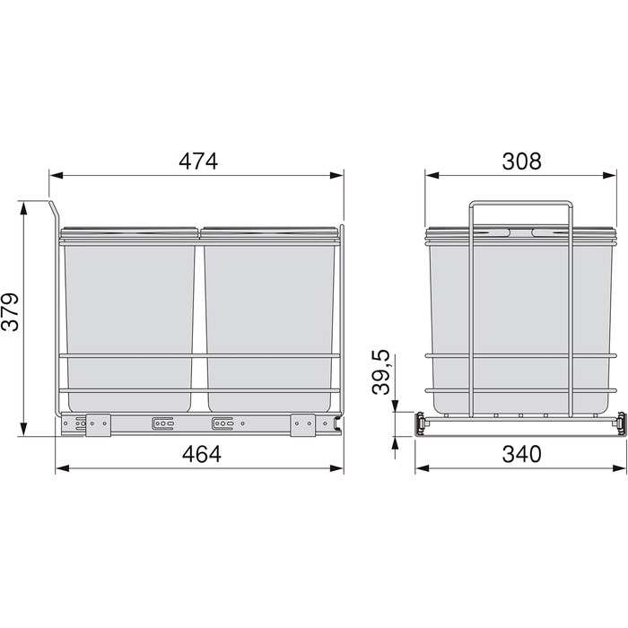 Відро для сміття кухонне Emuca з підвісною системою, 2 висувні контейнери по 20 л, загальний об'єм 40 л (2 x 20 л), сталь та пластик, сірий колір