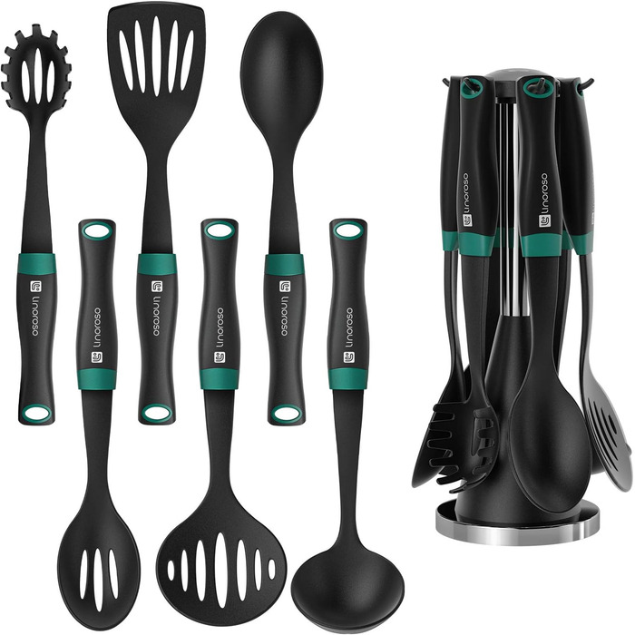 Linoroso Cooking Spoon Set - 6-Piece Nylon Kitchen Utensils - Cooking Utensils, Cookware, Cooking Utensils Set with Swivel Stand and Innovative Weighted Handle - Black & Peacock Green