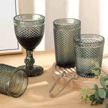 Joeyan 270ml Gray Vintage Wine Glasses with Diamond Relief, Colored Goblet Glasses Wine Goblet Set for Wine Juice Drinks, Set of 4 Retro Drinking Glasses with Stem, Dishwasher Safe