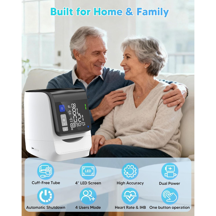 Тонометр на плече Arboleaf з великим LED-дисплеєм, вимірювання пульсу та частоти серцевих скорочень, 4x199 місця пам'яті, зарядка USB-C або AA-батареї, для домашнього використання, білий, компактний
