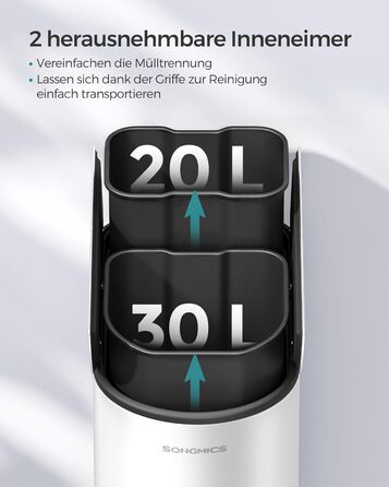 Сміттєве відро SONGMICS для кухні з сортувальником, 30 л + 20 л, 2 відділення, з педаллю, білий + металік срібло