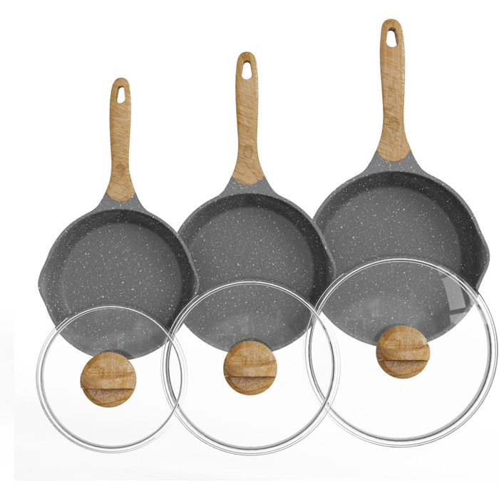 Набір сковорідок JEETEE 6 шт. з кришкою: 20см, 24см, 28см. Підходить для індукційних плит, з антипригарним покриттям, з кованого алюмінію, PFOA-free (сірий)