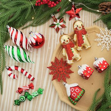 Набір прикрас на ялинку Shareconn 65 шт. з пластику, міцні ялинкові кулі з мотузкою, різного розміру та дизайну, декор для ялинки, червоний та білий (червоний, зелений, білий)