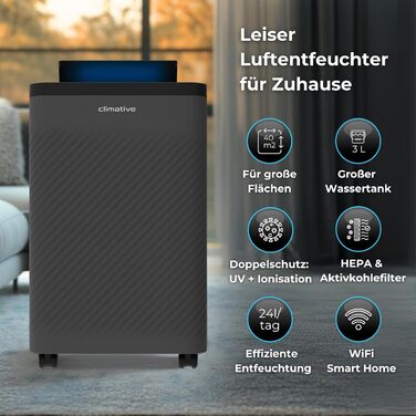 Електричний осушувач повітря Climative ION 12L/24h з Wi-Fi та очищувачем повітря для дому, квартири, ванної кімнати. Осушувач повітря для захисту від вологи та плісняви до 20м² (Nexi 24)